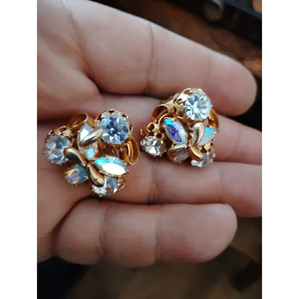 Clip on earring and Pin set Iridescent Rhinestone